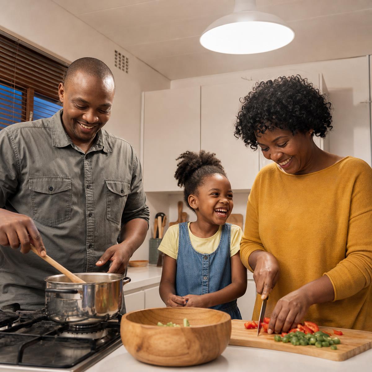 South African family cooking together in a warmly lit kitchen